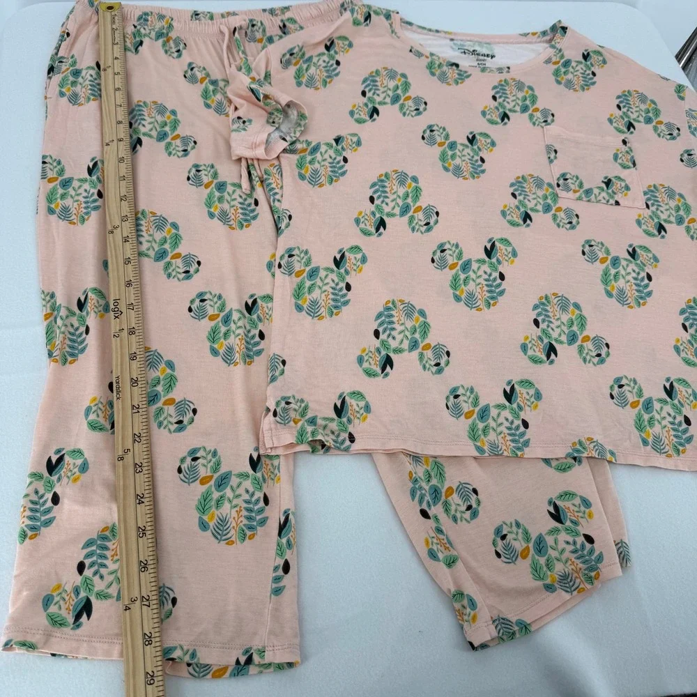 Disney Pajama Set Womens Small Pink Mickey Mouse Botanical Leaf Print PJ Lounge - Picture 5 of 8